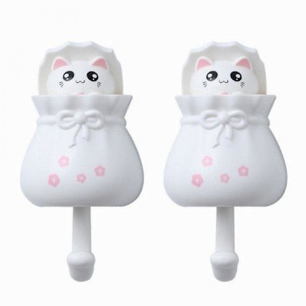 Stark krok selvklebende holder krok dør vegg hengende fri stansing selvklebende krok kjøkken bad kreativ søt hvit katt krok