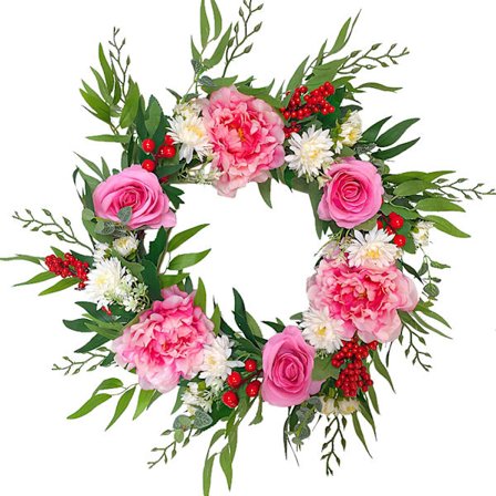 Konstgjord dörrkrans pion, fyra (grön+rosa, 53 cm/20,9 tum)