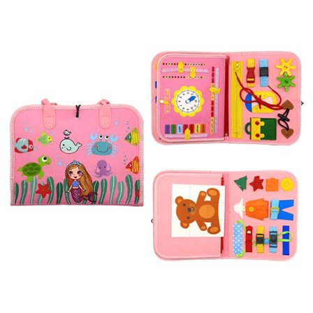 Montessori Aktivitetsbok for Barn 1-4 År, 12-Siders Pedagogisk Leke med Spenner og Glidelåser Rosa Havfrue (3-siders design), 44*28*4 ly