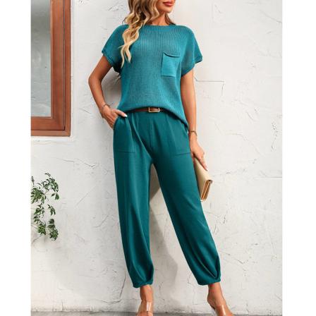 Dames Todelt Sæt Outfits Kortærmet Sweater Strikket Pullover Top Koniske Bukser Lounge Sæt Påfugleblå XL