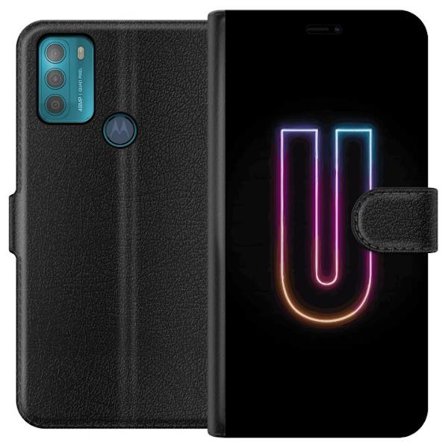 Kompatibel Tegnebogsetui til Motorola Motorola Moto G50 Minimalistisk neonbogstav U i farverig lyseffekt mod sort baggrund