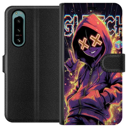 Kompatibelt Plånboksfodral till Sony Sony Xperia 5 IV Cyberpunk-inspirerad hoodie-karaktär med neon, glitch-effekter och mask, futuristisk digital k