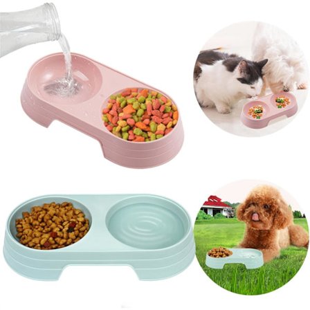 Dubbla matskålar för katter, 2-delat set med mat och vatten med ställ, lutande halkfria matskålar för katter, kattungar och små raser