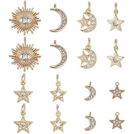 16 stk. 8 Stiler Messing Mikro Pavé Cubic Zirconia Charms Rhinestone Krystall Måne Stjerne Charms Planet Stjerneklare Charms Dingleanheng for Armbånd 