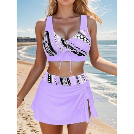 Uudet mallit Tyylikäs pilkkukuosi 3-osainen tankini-uimapukusetti - V-kaula-aukko säädettävällä kiristysnyörillä, korkealle leikattu alaosa ja 