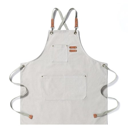 Tungt lerretsforkle, treskjæring, hagearbeid, denimstropp, bomullsbelte (off white),