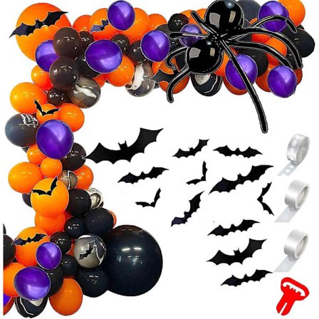 Ballongbågsset med 159 delar med spindelnätsballonger i svart, orange, lila och palm, spindelballonger, folieballonger för festdekorationer
