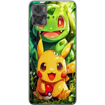 Motorola Moto E22i Gjennomsiktig deksel Pikachu og Bulbasaur sitter tett sammen i en solbelyst skogsnatur og sprer varme, vennskap og sjarm med store
