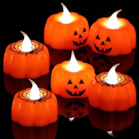 Halloween Gresskar Edderkopp Telys, 6 stk Halloween Lys Flammeløs Batteridrevet 3D LED Telys Lys Varmt Hvit (3 Gresskar+3 Nett)