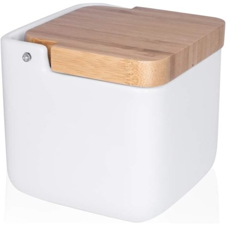 Keramisk saltkrukke med hengslet lokk laget av miljøvennlig bambus