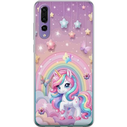 Kompatibel Mobilcover til Huawei P20 Pro Magisk enhjørning med regnbue manke, stjerner og sommerfugle mod en pastelfarvet himmel med skyer