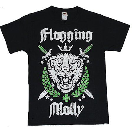 Flogging Molly Mens T-shirt - Krönt tigeransikte med korsade svärd Bild (stor) Svart