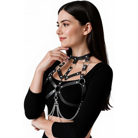 Brystseletopp i skinn for kvinner – Gotisk svart kroppsbelte, punkkjedesele for festival Cosplay Rave Party-antrekk