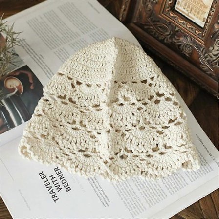 Håndstrikket Blomst Hul Tynn Lue Vår og Sommer Blonder Pustende Tørkle Heklet Tå Bomullstråd Hatt Dame