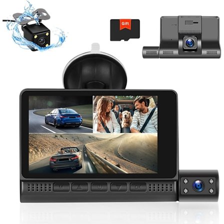 3-kanals dashcam til for- og bagrude, 4 tommer 1080P dashkamera til biler, trevejs tredobbelt bilkamera med IR-nattesyn, loop-optagelse, G-sensor