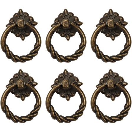 6 stk Vintage Bronse Dråpe Ring Knopper Håndtak for Kommode Skuff