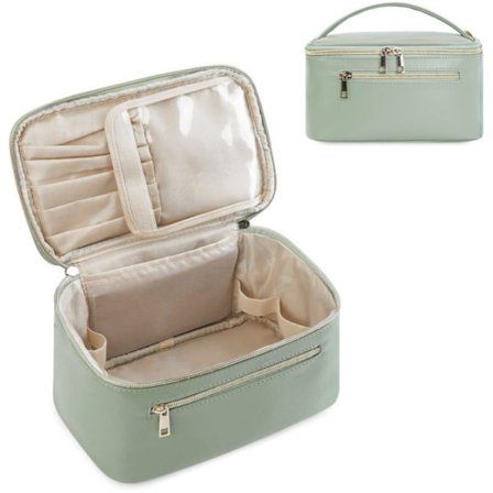 Makeup Taske, Rejse Makeup Organizer Kosmetiske Børster Tasker Etui til Kvinder i Vegansk Læder, Salviegrøn