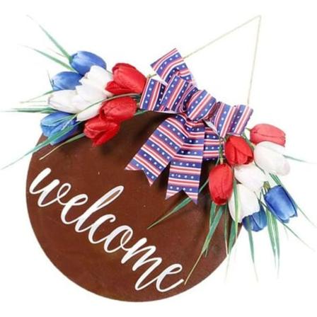 4. juli Independence Day Velkomstskilt - Patriotiske dørkranser - Inngangsdørens velkomstplakett - Farmhouse Home Decor