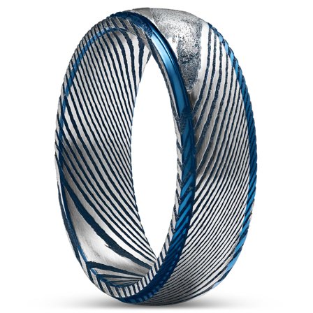 Fortis | 7 mm Blue-Edged Gunmetal Grey and Silver-Tone Damascus Steel Step Ring for Men - Steel rings