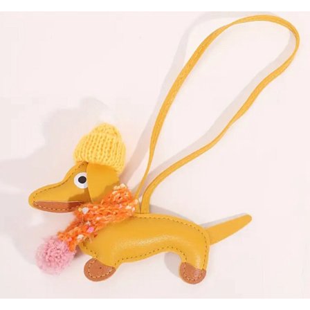 Dachshund, nøkkelring, lær, gul, Dachshund nøkkelring, veske sjarm, hund, Dachshund med skjerf og hatt