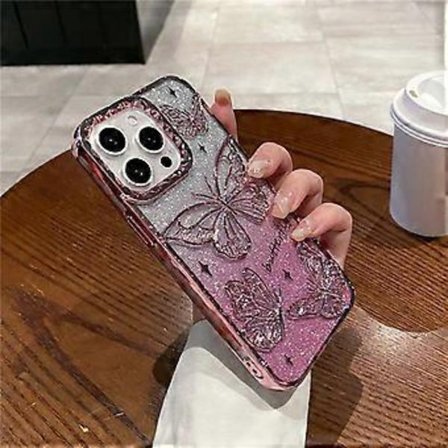 Kompatibelt Skal för iPhone 16 Pro 3D Fjäril TPU Telefonskal med Gradient Glitter Papper (Rosa)