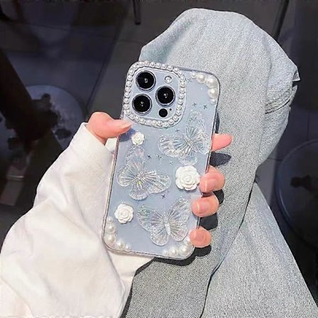 iPhone 13 Pro Deksel Søt Sommerfugl Blomst Perle 4D Glimmer Glitter Luksuriøs Jentete Estetisk Personlig Transparent Epoxy TPU Deksel