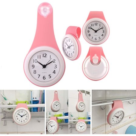 Rosa badeværelsesur, badeværelsesur, sugekopur, vandtæt, lydløs, ikke-tikkende