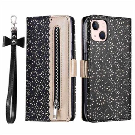Lace Pattern Iphone 14 Plus Plånboksfodral - Svart Svart