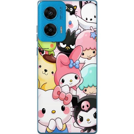 Kompatibelt Mobildeksel til Motorola G96 Tett mønster av søte figurer med store øyne i ulike farger og uttrykk med LABUBU-tekst