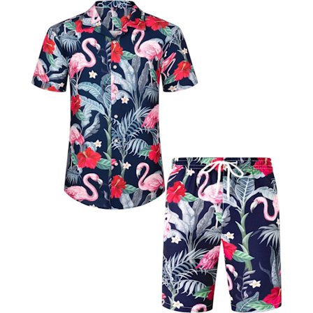 Herr Hawaiian skjorta och shorts set Regular Fit kortärmad casual funky strand flamingo skjorta set XX