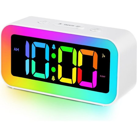 Høylyd Alarmklokke for Soverom med Fargerik Dynamisk RGB Nattelys, Tungsover Voksen, Dobbel Alarmklokke, Dimmer, USB-Lader, Liten Sengbord LED Digi