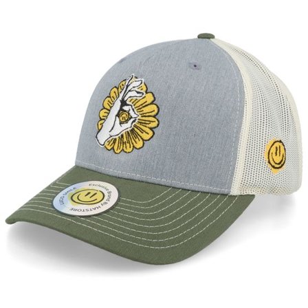 Lucid Smile - Grå trucker Keps - Flower Smile Army Olive Trucker @ Hatstore