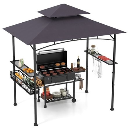 Tonnelle til Grill 242x153cm COSTWAY - Tag 2 Niveaus - 2 Sidehylder - Opbevaringskurv - Ophængskroge - Flaskeåbner Grå