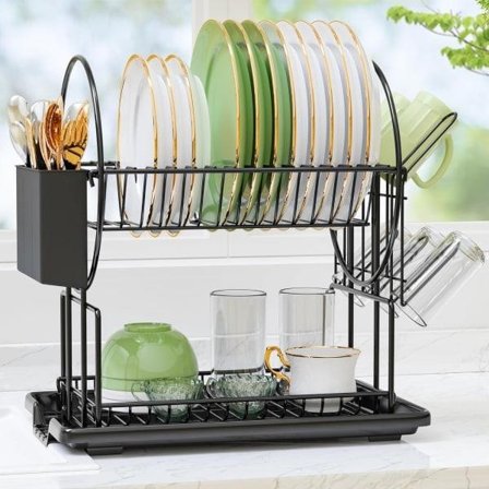 2-Tier Black Dish Drying Rack with Drainboard, Stainless Steel Drainer Dish Rack