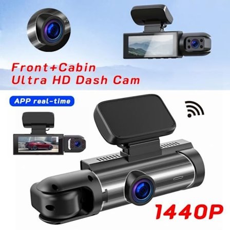 1440P Bilkamera Front + Kabin Dual Dashcam med 3.16" Skjerm, Nattsyn, G-Sensor