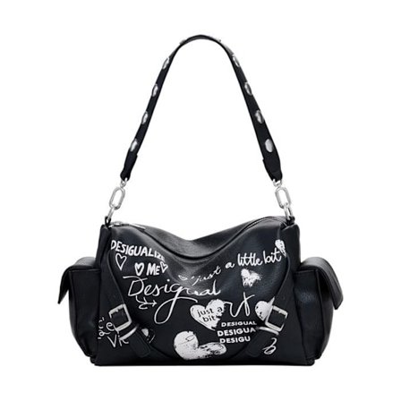 Svart zip-up bowlingväska med tryckta texter och axelrem.