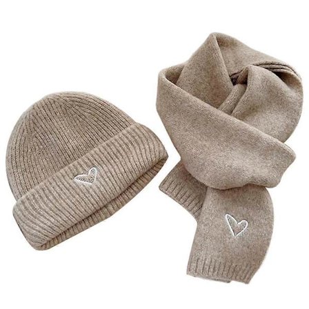 Ensfarvet strikket hue og halstørklæde til børn med broderet kærlighedshjerte, varmt til efterår og vinter