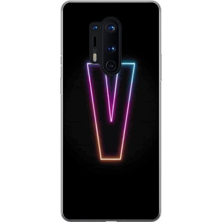 Yhteensopiva Puhelinkuori OnePlus OnePlus 8 Pro Neonkirjain V värikoodattu valossa mustaa taustaa vasten, minimalistinen muotoilu selkeällä hehkull