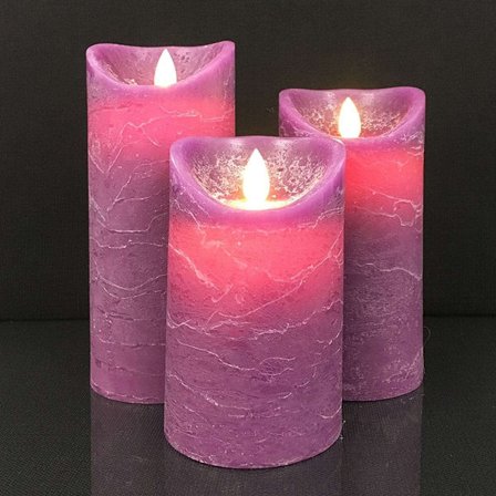 LED blokklys - rustikk - 3 stk. - 10/12,5/15 cm - med 3D-flamme - (flere farger)