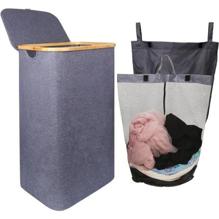 IC Vaskeromskurv med lokk, 100L store vaskeromskurver for vask med håndtak, sammenleggbar vaskeromskurv med avtakbare poser