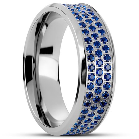 Hyperan | 8 mm Silver-tone Blue Zirconia Titanium Ring for Men - Titanium rings