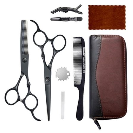 Professionelt frisørsaks sæt 9CR13 rustfrit stål CNC-bearbejdet ergonomiske sorte sakse med udtyndings- og klippeskærer