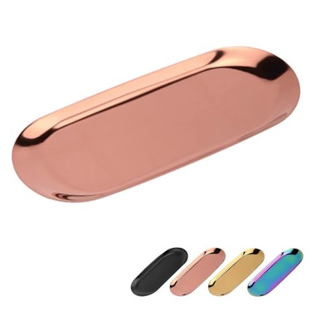 Oval Brett, Oval Kosmetisk Brett, Oppbevaringsbrett i Rustfritt Stål, for Smykkeoppbevaring, Snacks, Tesmaking, Lys, Tallerkener - 23,1*9,4cm (Rose 