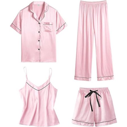 Dame 4-delt pyjamas i silkesateng nattøy sexy pyjamas loungeklær Rosa XL Pink