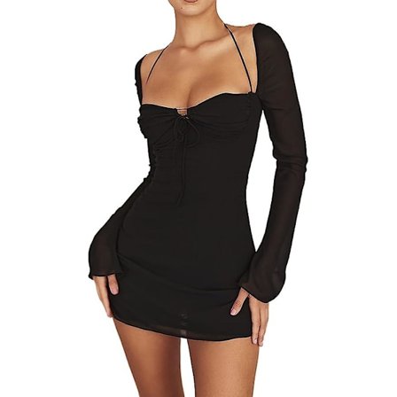 Sexy Low Cut Mesh Langærmet Mini Bodycon Kjole Til Kvinder Halter Halsbånd Bind Op Y2k Club Party Aften Ud Kjoler