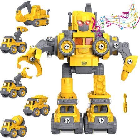 Ta isär robotleksaker för 5+ år gamla pojkar, 5 i 1 STEM-leksaker Fordon förvandlas till konstruktionsrobotar, bygger leksaksbil med borr, födelsedag 