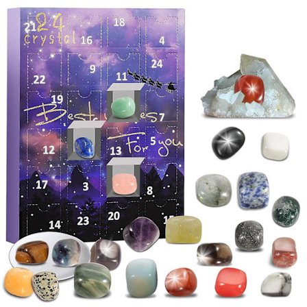 Adventkalender med steiner, 24 dager med naturlige krystall agat steiner mineraler og fossiler adventskalender krystaller jul