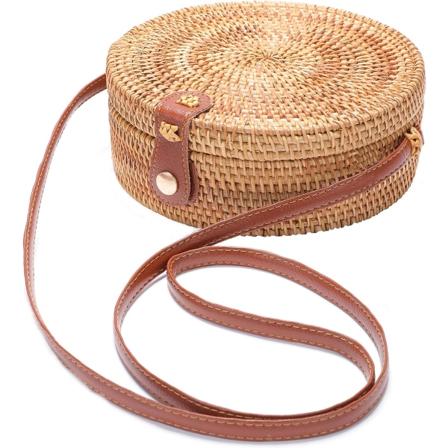 Hdwoven Rund Rattanväska Axelrem i Läder Naturlig Chic Hand, Gyllene, 8*3.5
