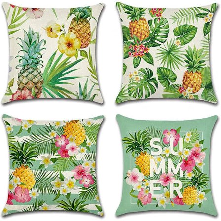 Sæt med 4 dekorative pudebetræk 45x45cm, tropiske planter og ananas vandtætte pudebetræk, perfekt til havebænk