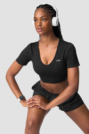 ICANIWILL - Ribbed Define Seamless V-neck Cropped T-shirt Black - Damen - ICIW